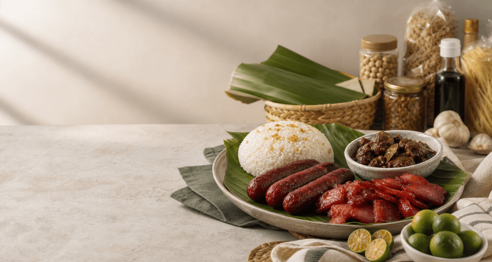 Philippinische Speisen mit Reis, Longanisa und Tocino